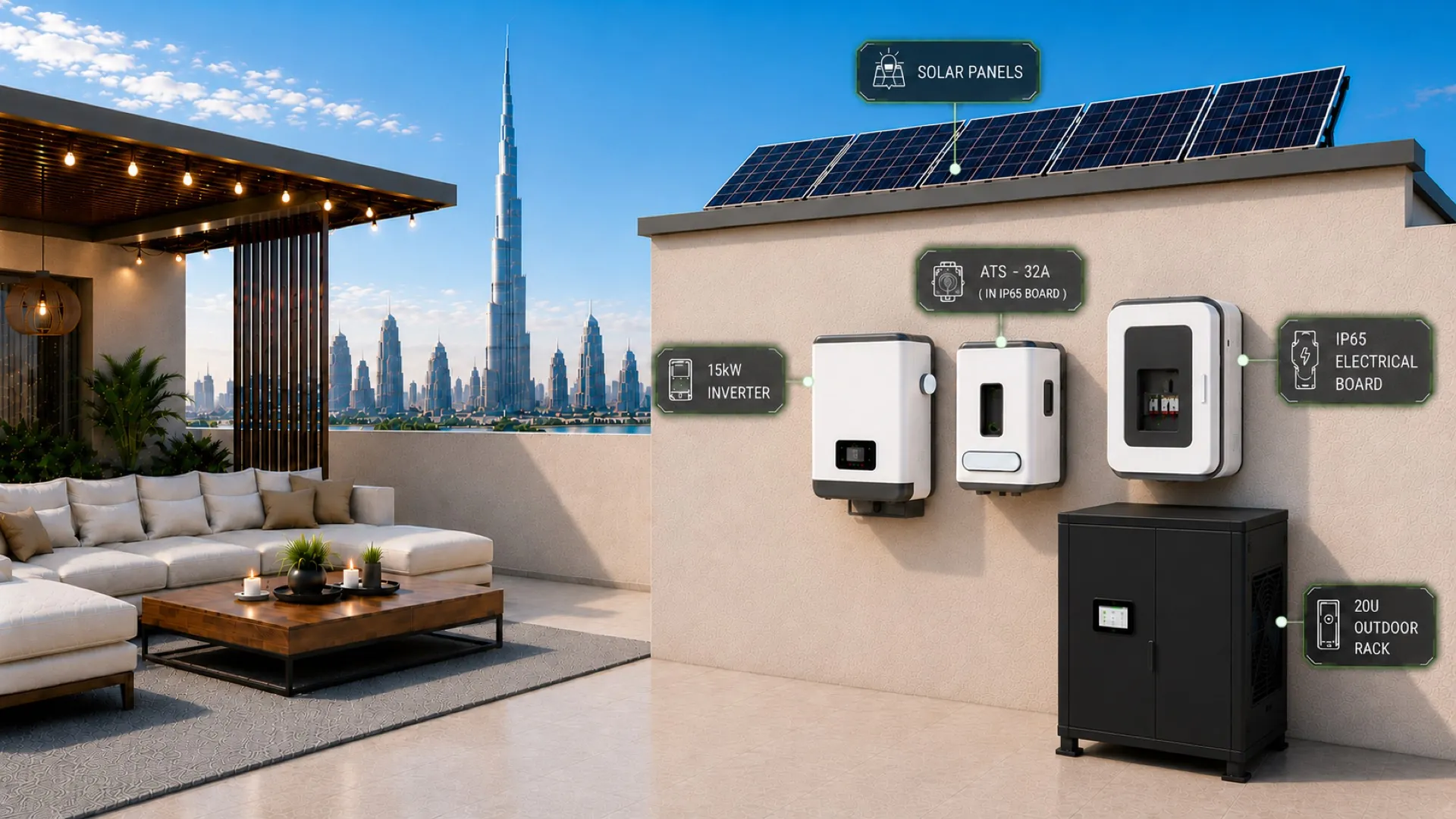 The node installed on a Dubai terrace with rooftop solar panels, a 15 kW inverter, a 32 A automatic transfer switch in an IP65 board, an IP65 electrical board and the 20U outdoor rack