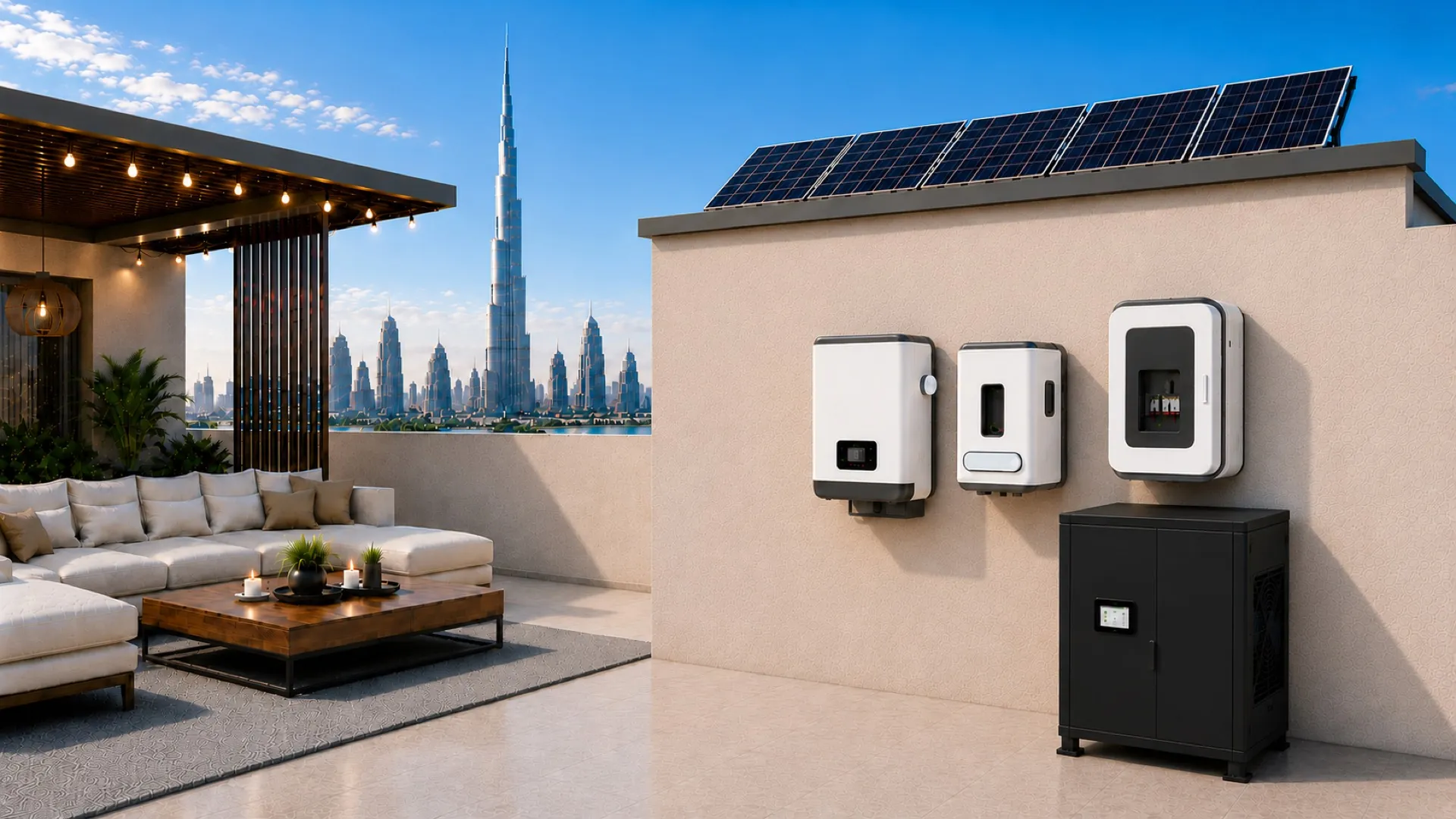 An Exnode.AI sealed outdoor node installed on a Dubai terrace, with rooftop solar and the Burj Khalifa beyond